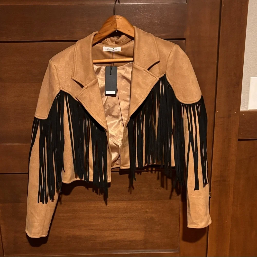 Chic Tan Leather Jacket with Black Fringe